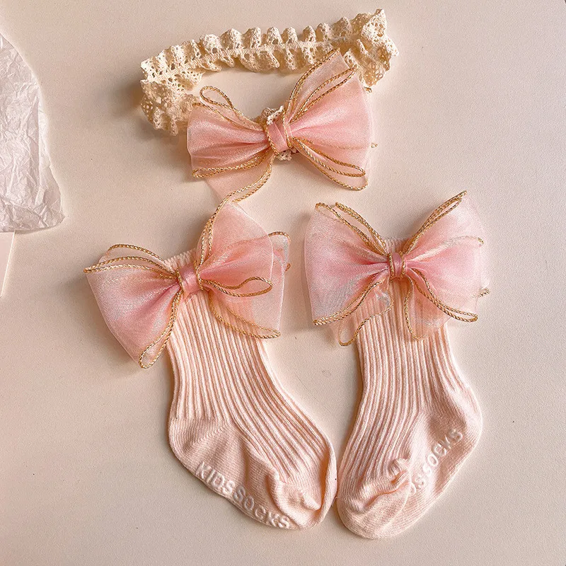 2pcs Bow Lace Baby Socks Newborn Cotton Baby Girls Sock Headband Cute Princess Style Toddler Socks Baby Accessories For Children 4