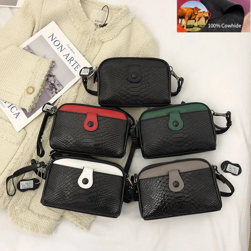 

Python Pattern Women Handbag Pure Cowhide Double Layer Zipper Shoulder Bag Fashion Crossbody Bag Genuine Leather Messenger Bag
