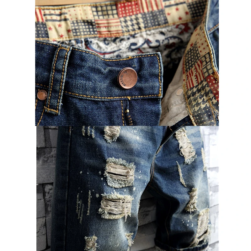 Men Jeans Ripped Jeans Ripped Patchwork Jeans Summer Men Vintage Ripped Short Jeans Streetwear Hole Slim Denim Shorts Male Brand Clothes Big Size 28-36 38 40