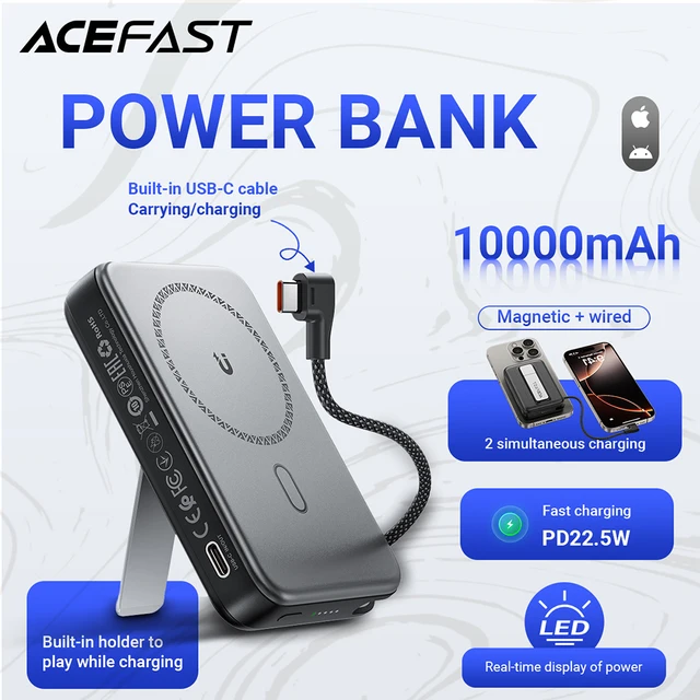 ACEFAST 10000mAh 22.5W Magnetic Wireless Fast Charging Power Bank For iPhone 17 16 Pro Max Built with Holder USB C Cable Battery 1