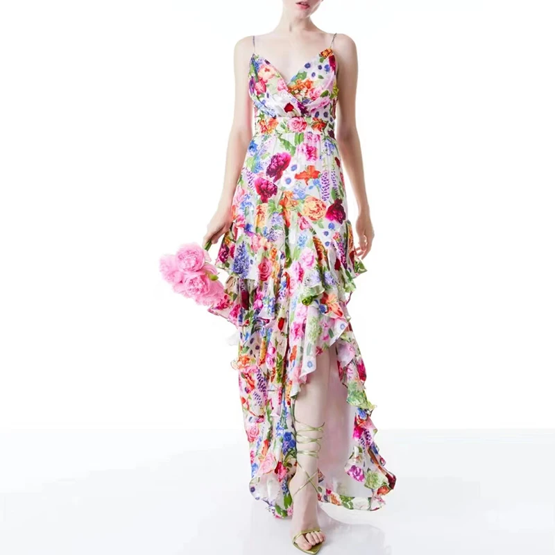 

Women Spaghetti Strap Floral Print Maxi Dress Summer Sleeveless Split Long Casual Holiday Slip Dress