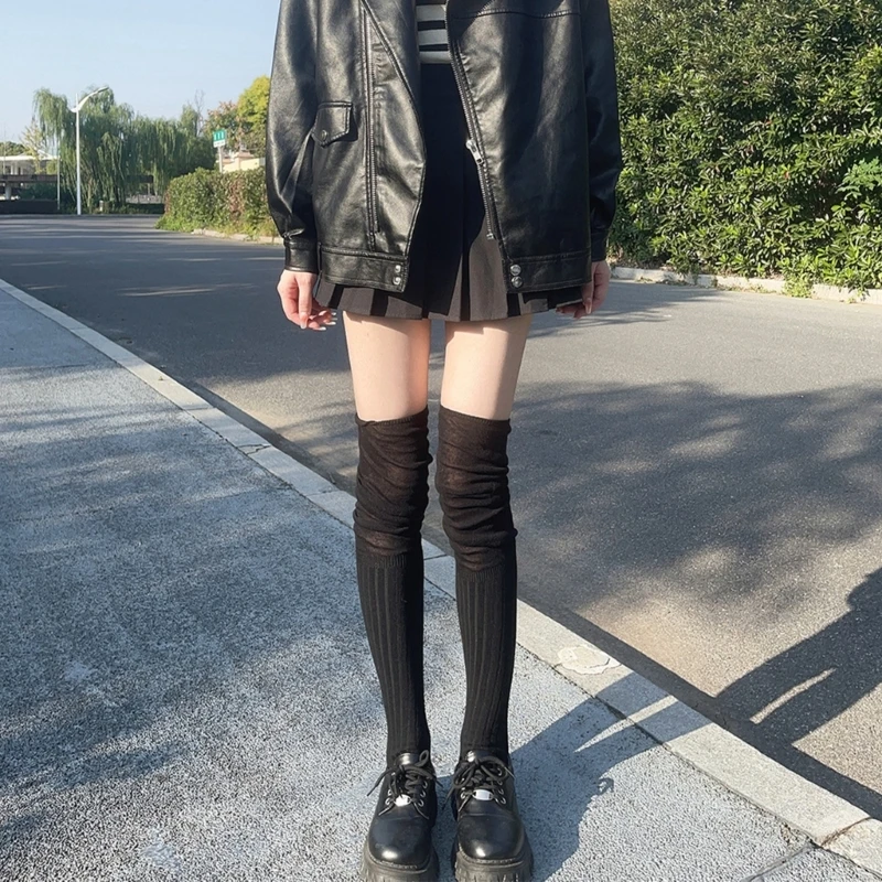 

Women School Student Over Knee Long Socks Japanese Korean Solid Color Slouch Top Ribbed Knitted Thigh High Stockings