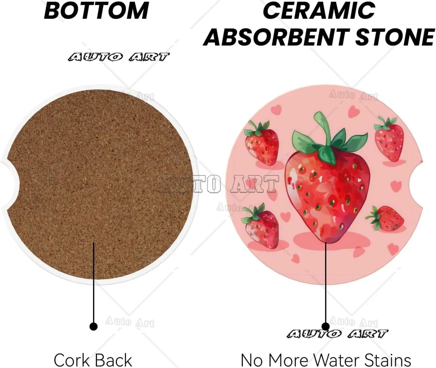 2 Pack Strawberry Cute Red Print Car Cup Holder Coaster Anti Slip Insert Ceramic Coaster with Cork Base and Finger Notch