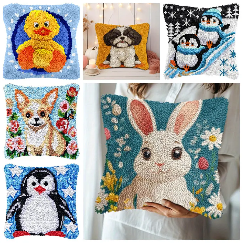 Cartoon Latch Hook Pillow Kits Pastel Embroidery Rug Bundle with Fluffy Pompom Trim & Gift Box
