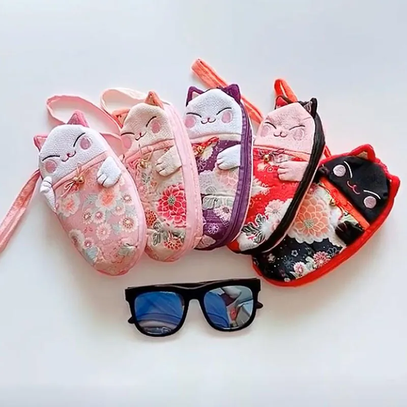 Silk Cat Eyewear Bag Fortune Cat Glasses Case Soft Eyeglasses