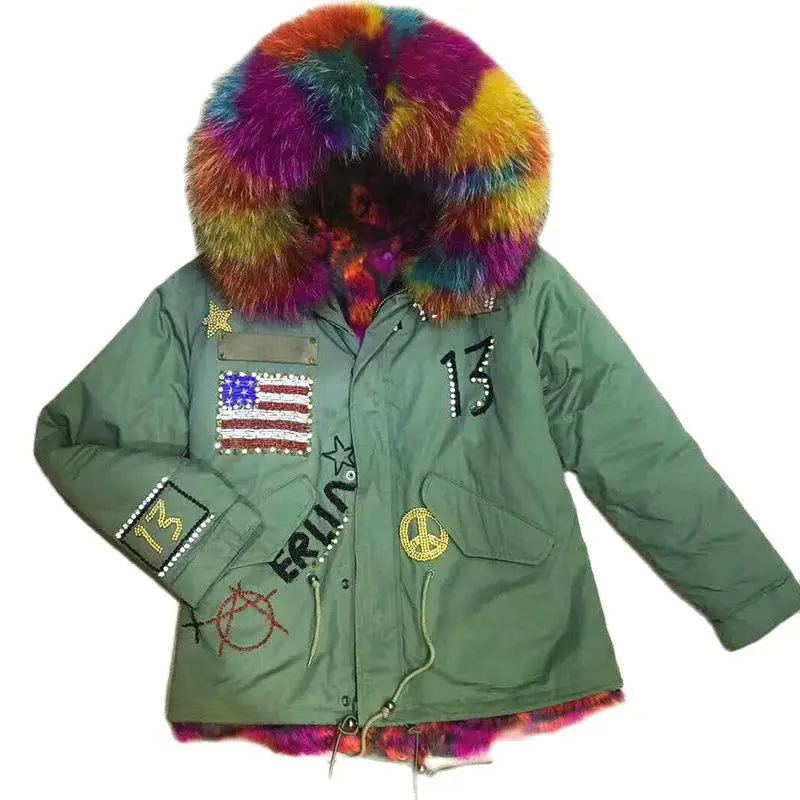 

Женская парка с воротником из натурального меха енота, яркая парка с рисунком флага, подкладка из кроличьего меха с карманами