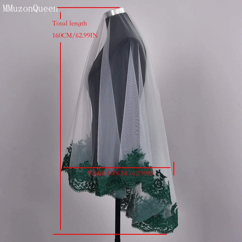 MMQ M112 Bridal Veil Green Lace Edge Veil 1 Tier Solf Tulle Wedding Without Comb Bride Wedding Stuff