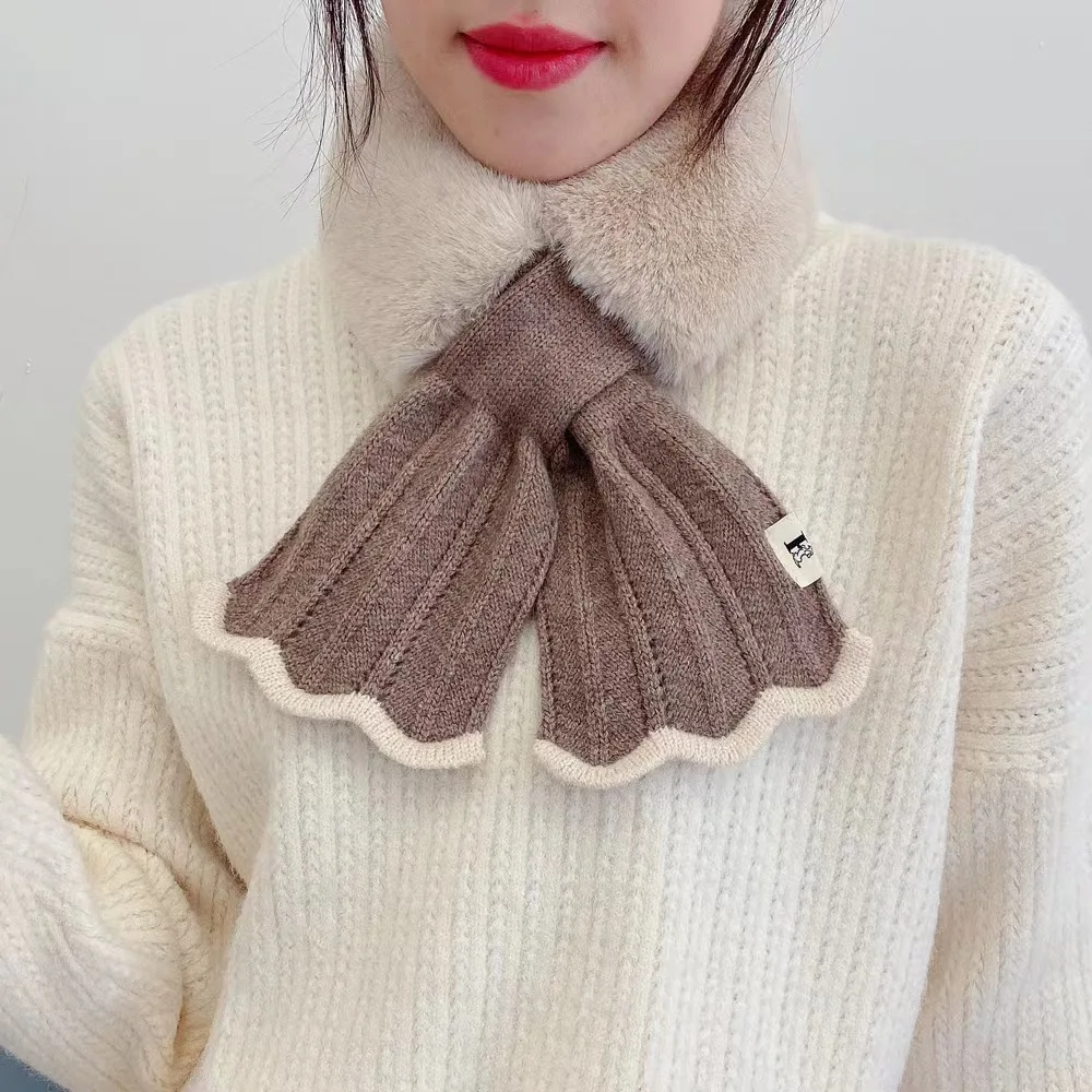 Korean Knitted Fishtail Scarf New Splice Wool Scarf Imitating Rex Rabbit Hair Cross Wool Scarf