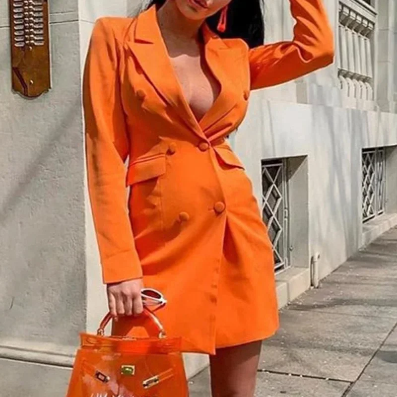 цена Women 2023 Spring Autumn New Orange Chic Mid Length Blazer Fashion Solid Colors Suits Office Lady Double Breasted Elegant Blazer