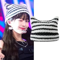 New Japanese Streetwear Harajuku Beanie Little Devil Striped Knitted Hat Women Girls Autumn Winter Cute Cat Ears Cap 4