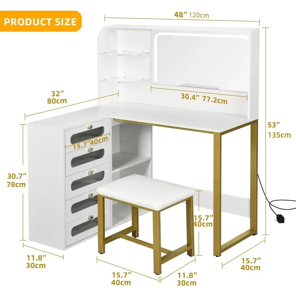 48" Large Dressing Table with 5 Tempered Glass Drawers Vanity Desk Set- L Makeup Vanity with Mirror and Lights 3 Lighting Modes 6