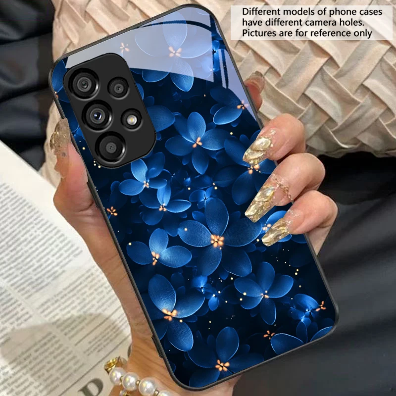 Blue and White Floral Black Tempered Glass Phone Case