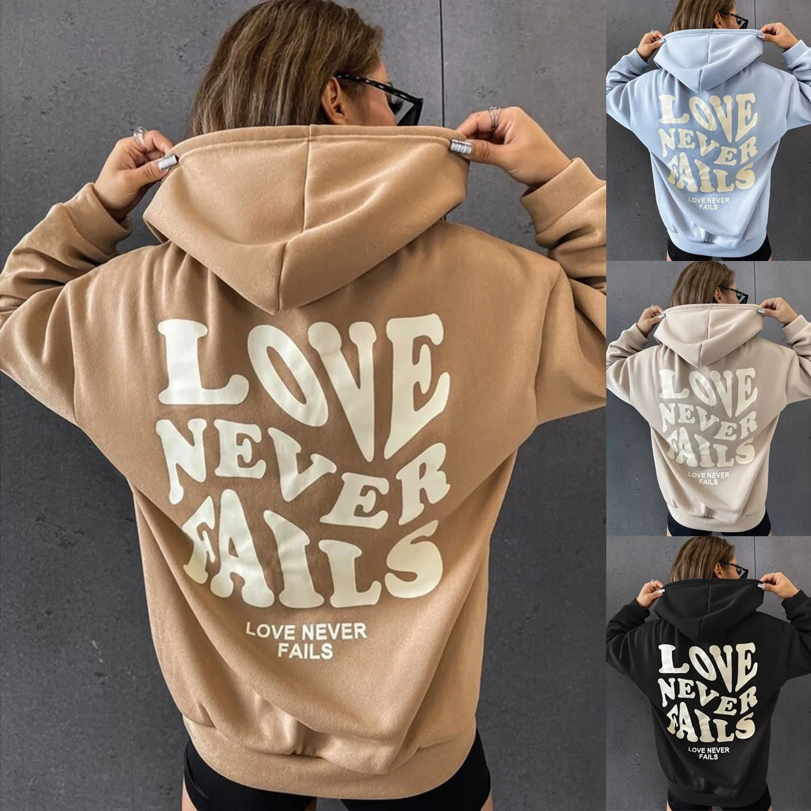 

2023 Love Never Fails Print Letter Hoodies Women Sweatshirt Khaki Autumn Vintage Oversized Harajuku Loose Tops Casual Pullovers