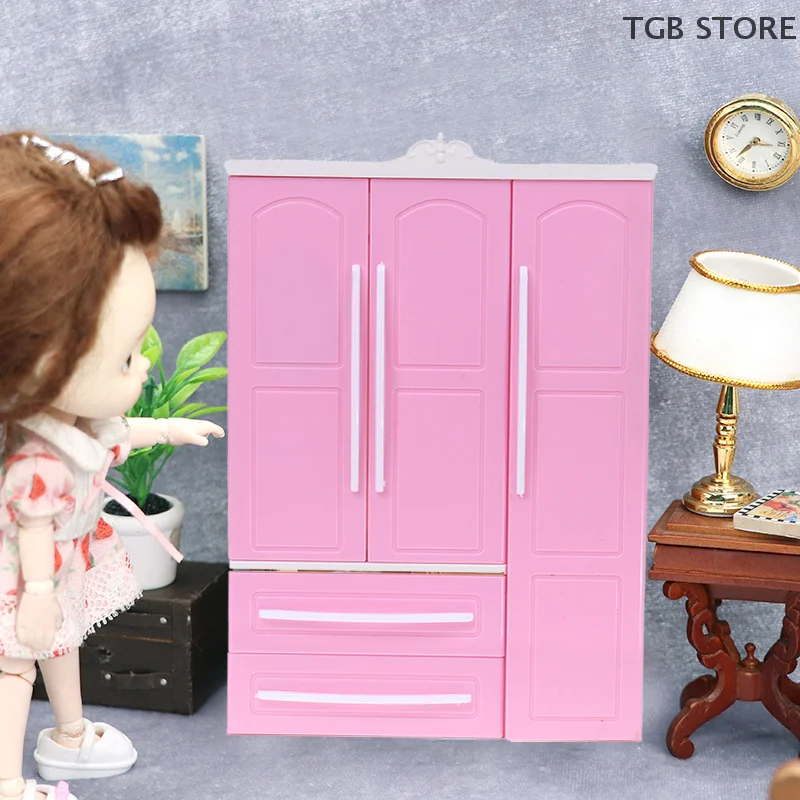 1Pcs ABS Three-door Pink Modern Wardrobe 1/12 1/6 Dollhouse Miniature For Dolls Furniture Clothes Accessories Toys