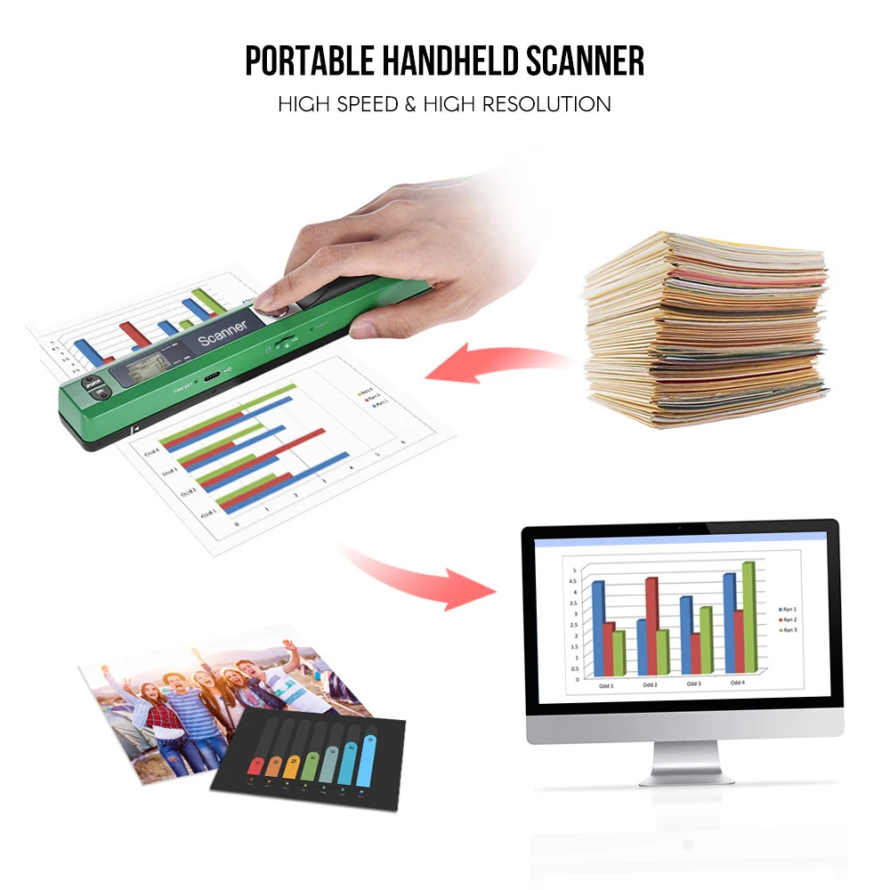 Portable Handheld Wand Wireless Scanner A4 Size 900DPI JPG/PDF Formate LCD Display with Protecting Bag and 8GB TF Card