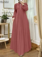 ZANZEA Muslim Modest Maxi Dresses Women Elegant Ruffles Trim Long Sleeve Pleated Abaya Robes Islamic Hijabis Eid Vestidos 2025