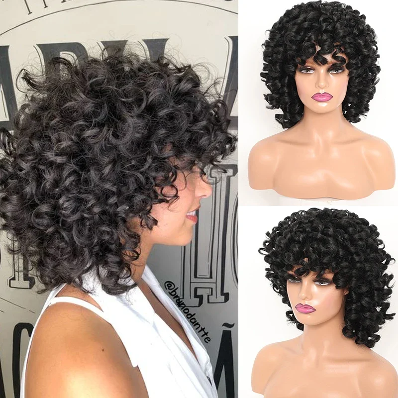 

Short Afro Kinky Curly Bob Wig with Bangs 12 Inch Black Bouncy Loose Curly Wig Fulffy Curly Synthetic Wigs for Women Daily Use