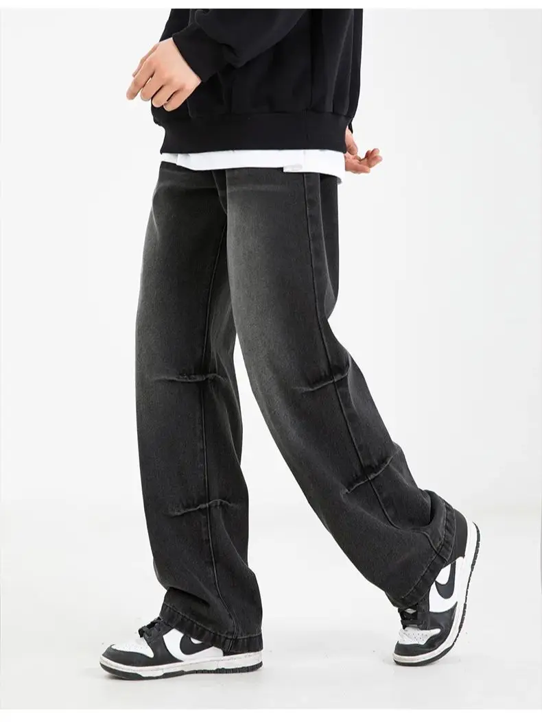 American Retro Washed Jeans Men's Leg Pleated Micro-Large Pants Casual Loose Straight Pants Soft Styles