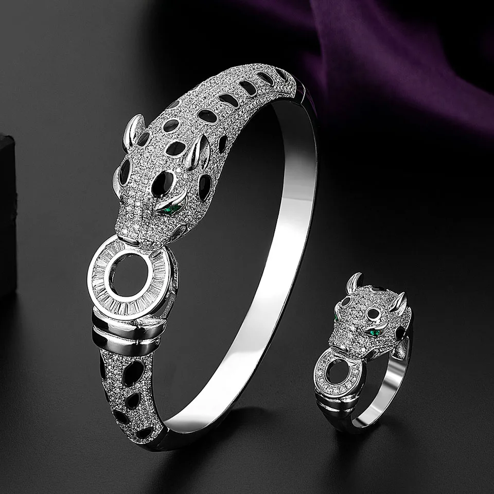 Zlxgirl jewelry Jet Cubic Zircon Leopard Animal Bridal Bangle Jewelry Europe Design Copper Bracelet Women's Bracelet