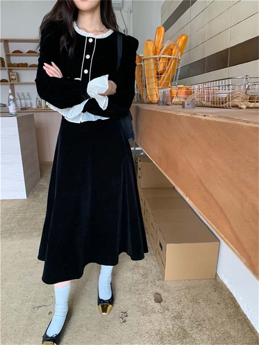 

Alien Kitty Black Romance Velvet Elegant Suits Women Autumn Shirts Chic Office Lady 2023 Vintage Slim Long Skirts New Daily Sets