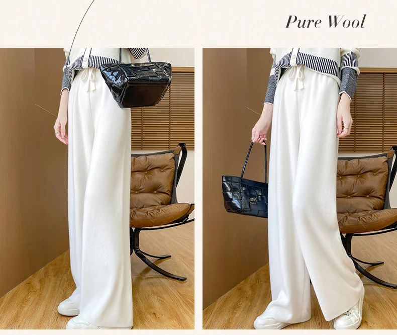 سراويل نسائية صوف مستقيمة للخريف والشتاء بخصر مطاطي 100% صوف ميرينو محبوك بجيوب صلبة سراويل كلاسيكية للمكتب للسيدات