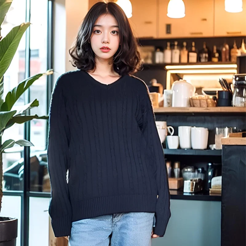 

Brandy Sweater Women Spring Fall Pullovers Navy Sweaters Long Sleeve V Neck Cable Knit New In Crop Tops Knitwears for Slim Girls