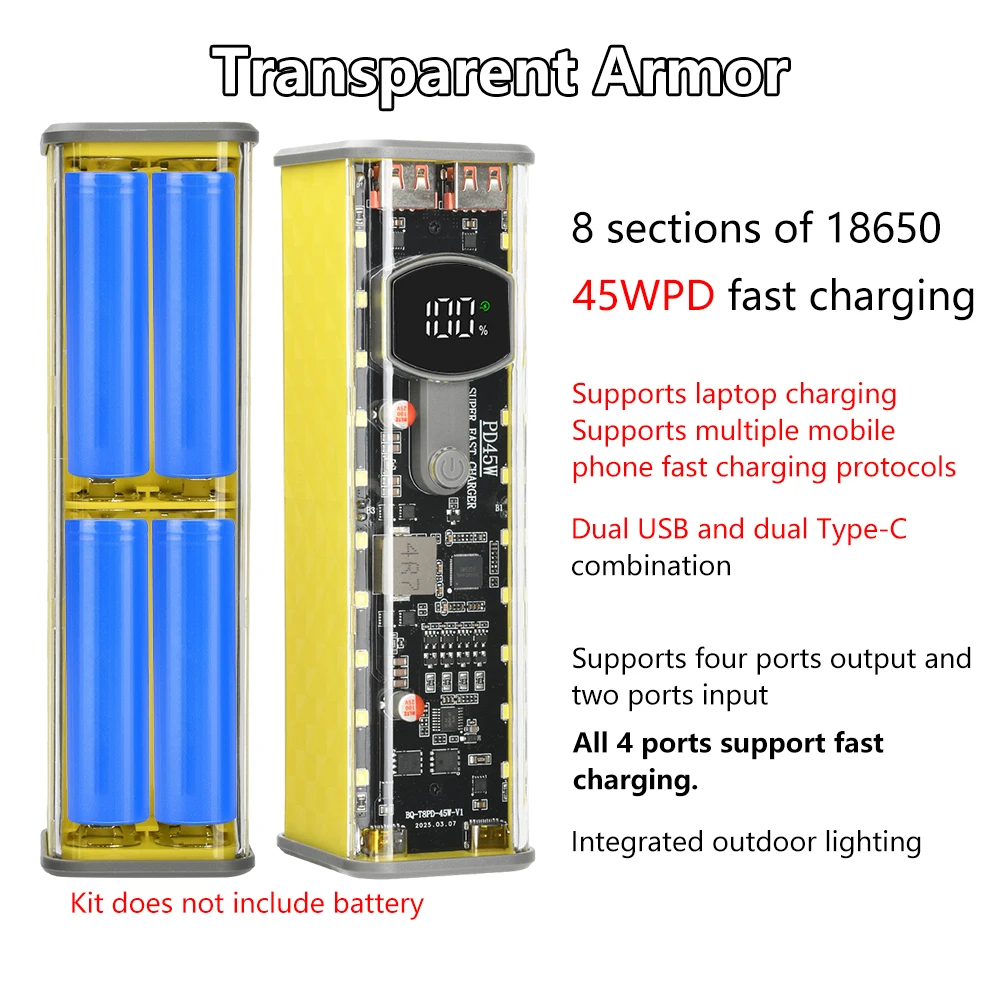 PD 45W 30-65W Ricarica super veloce Trasparente Power Bank Shell Saldatura gratuita 8 * 18650 Cartucce batteria per luce esterna Tipo-C - immagine 3