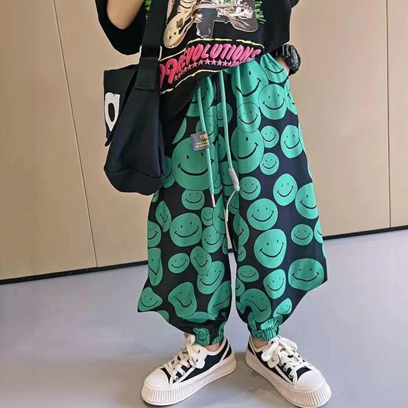 

Summer New Boys Pants Children Fashion Cartoon Print Breathable Trousers Teen Elastic Waist Loose Sweatpants Girls Casual Pants