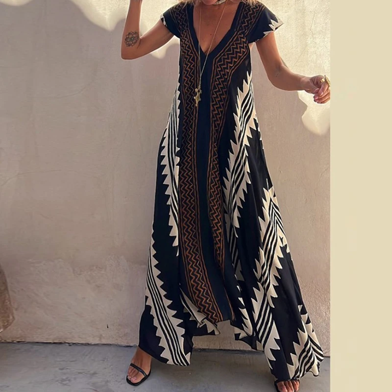 

Fashion Pattern Printed Short Sleeve Dress 2024 Summer Loose High Waist Bohemian Dress Women's Sexy V-neck Robe Dresses Vestidos