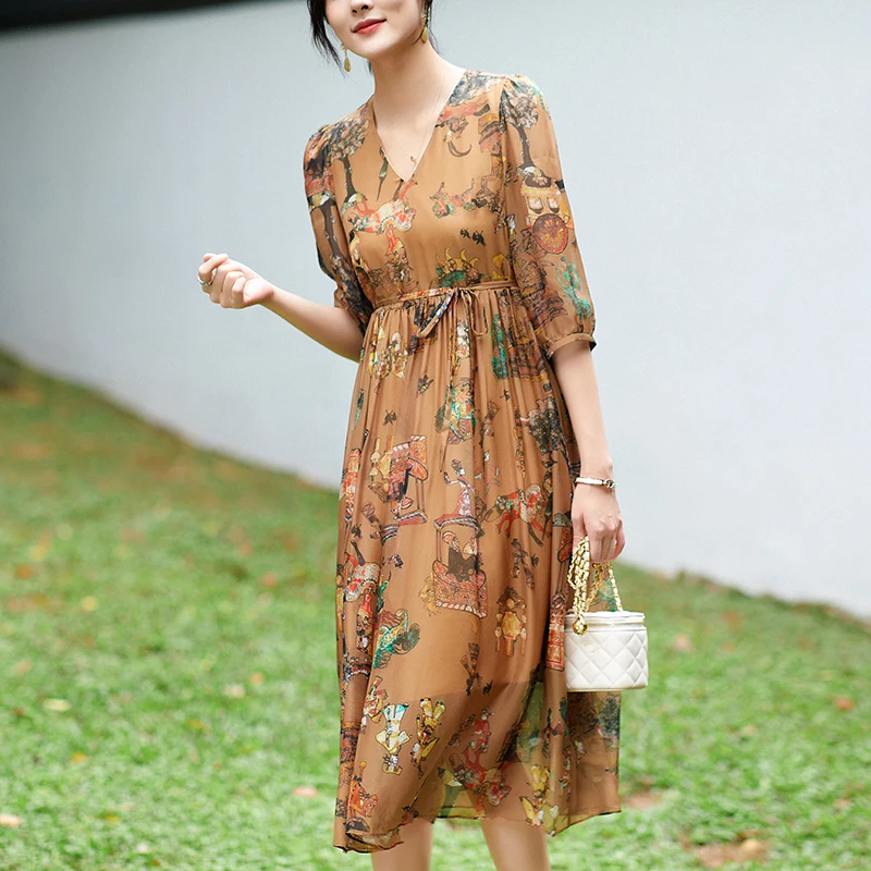 

100% Real Silk Women's Vintage Print Dress 2024 Summer Elegant Dresses For Women V-neck Three Quarter Sleeve Woman Long Dress