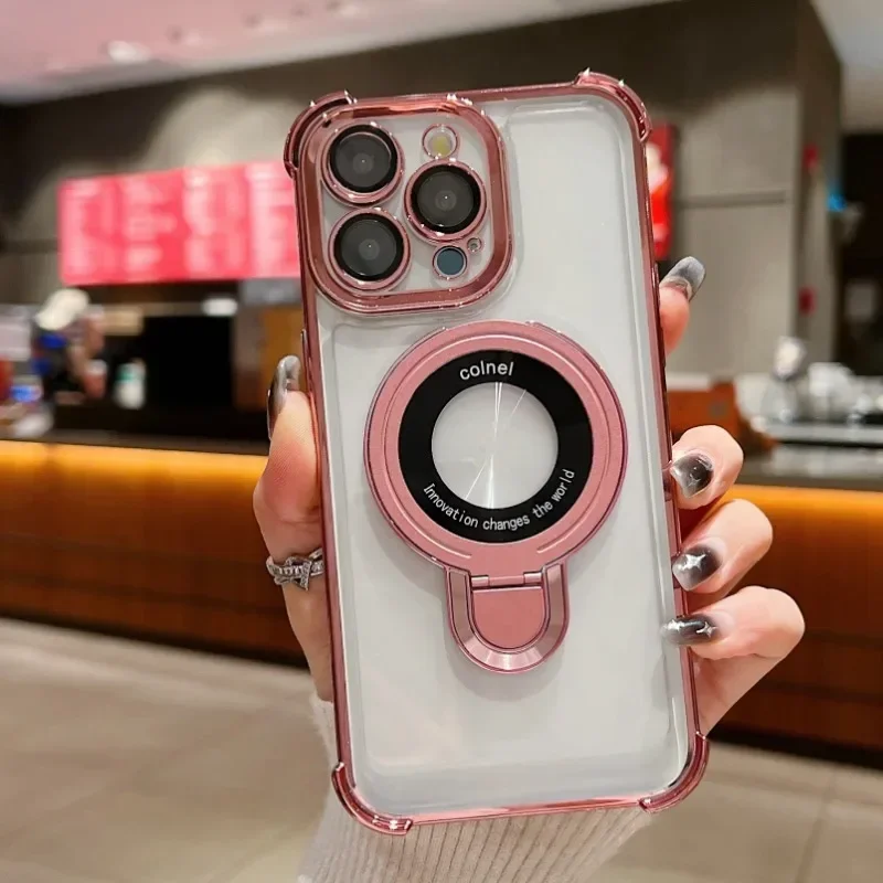 Luxury Plating Shockproof Clear Case with Magnetic Bracket and Holder Stand