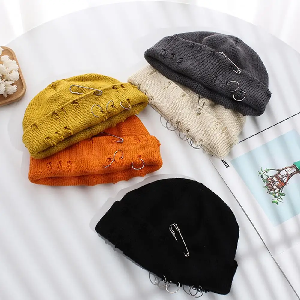 Knitted Hat Hip Hop Ripped Flanging Metal Ring Solid Color Warm Woolen Yarn Autumn Winter Women Beanie Cap Knitting Skull Cap