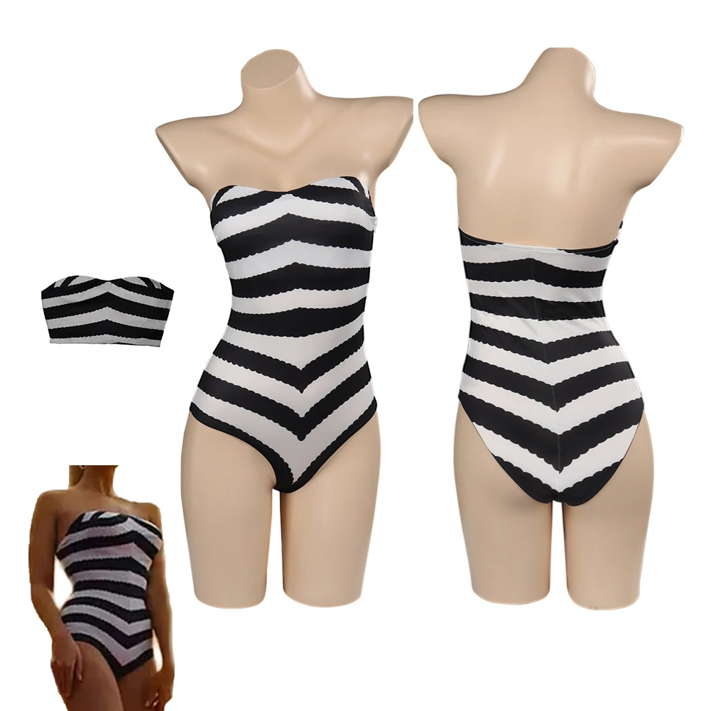 

New Margot Barbier Princess Cosplay Swimsuit Women Summer Sexy Zebra Stripes Swimwear Halloween Carnival Disguise Jumpsuit