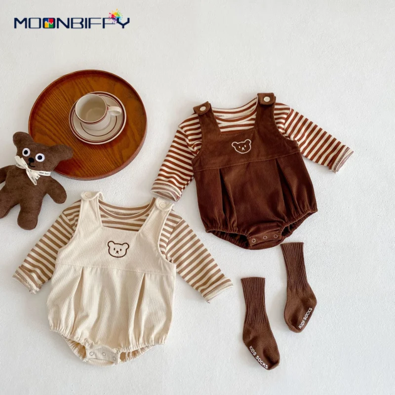 

2023 Spring Autumn New Baby Clothing Set Toddler Girls Bear Set Infant Blouse and Corduroy Bodysuits 2 Pcs Suit Rompers 0-3Y