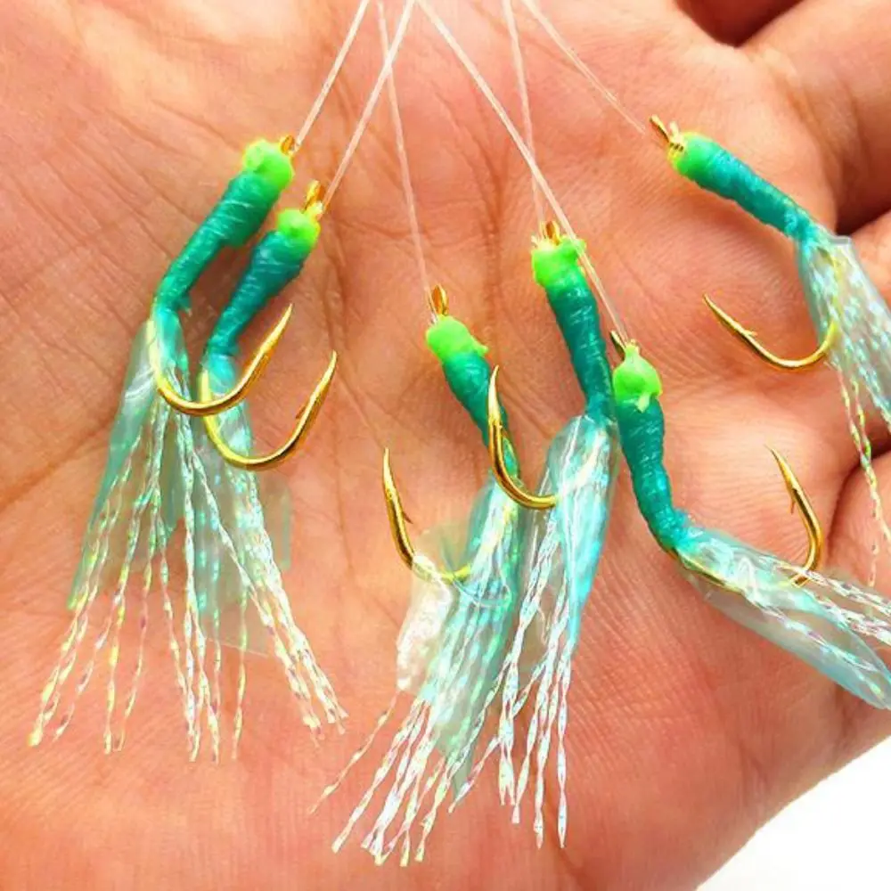 Enhanced Green Rubber Fishing Lures with Golden Tied Hooks