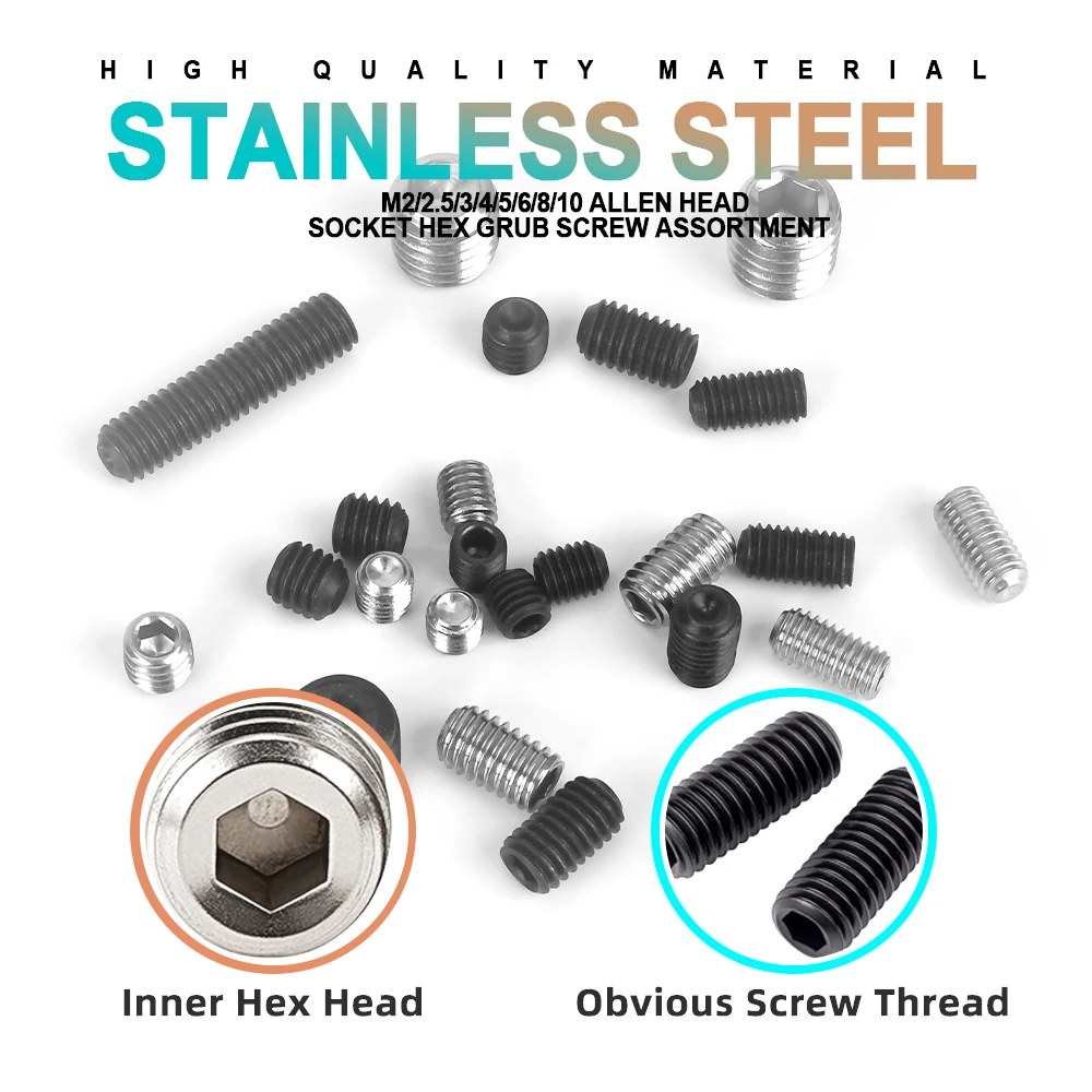Hex Socket Screw Hexagon Socket Screw Hexagon Socket Head Screw Stainless Steel Screw M1.6 M2 M2.5 M3 M4 M5 M6 M8 M10 DIN916 304 Stainless Steel Grade 12.9 Carbon Steel Hexagon Socket Set Screws Grub 5-100pcs
