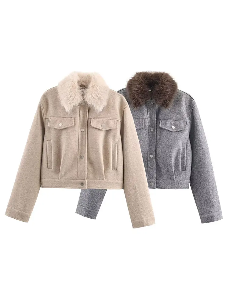 HH Women Elegant Fashion Solid Faux Fur Collar Coat Vintage Long Sleeve Single Breasted Cropped Jackets Casual Lady Streetwear