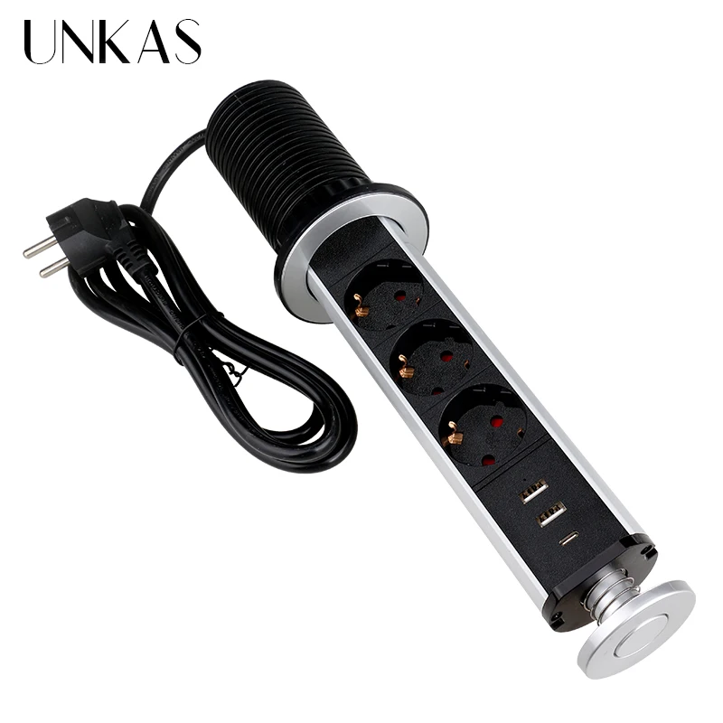 Sleek Retractable Dual USB & Power Socket for Kitchen and Desktop - Silver & Black