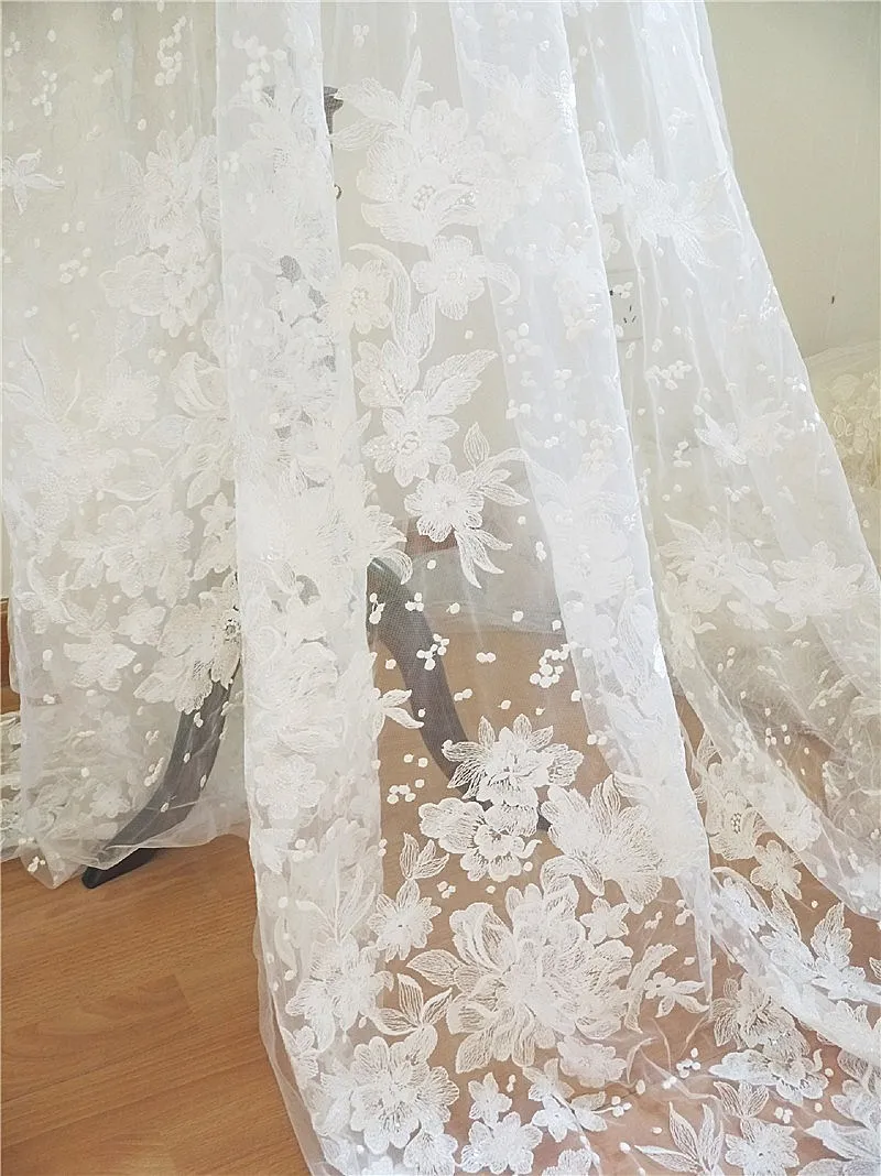 

130cm Wide Off White Floral Embroidery Tulle Lace Fabric Clear Sequin Dot Fabric for Wedding Bride Veil Lace Gown