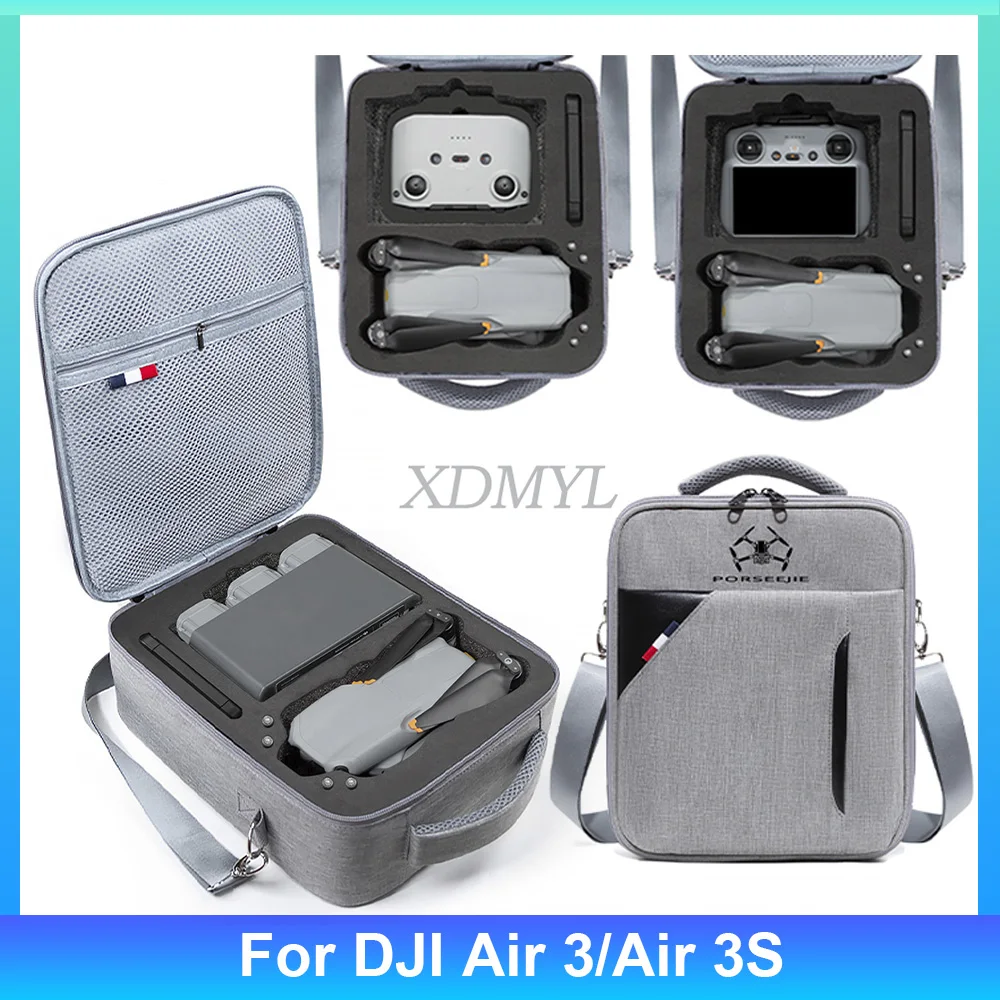 Vue de face de l'étui de transport rigide pour DJI Air 3 et Air 3s, poignée de transport intégrée.