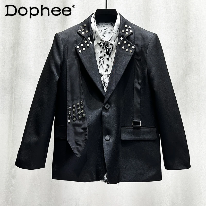 

Fashion 2024 Spring New Metal Rivet Suit Jacket Men's Personality Trendy Male Handsome Long Sleeve Loose Comfort Blazers