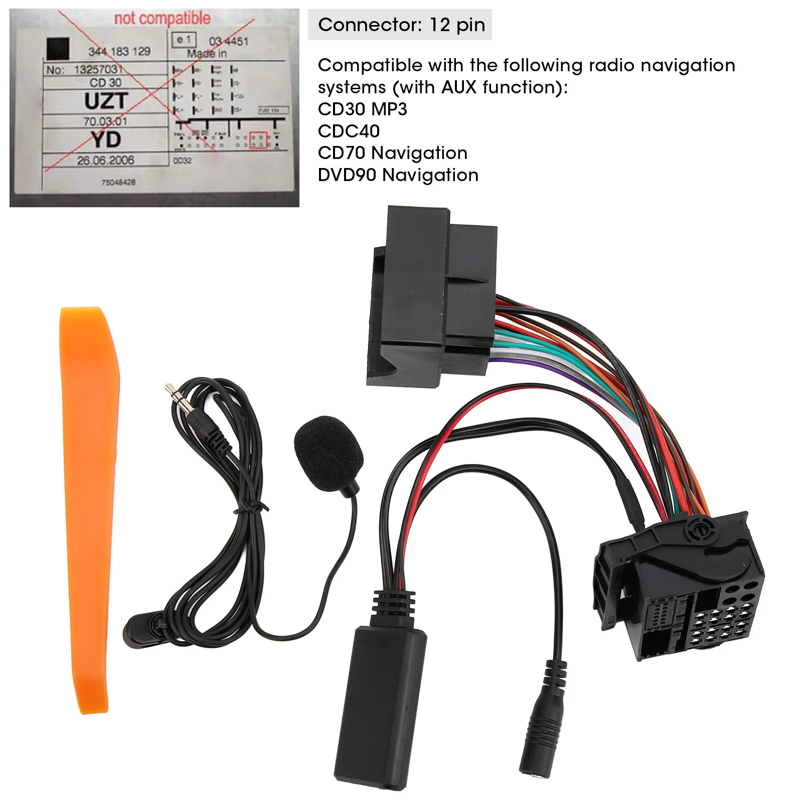 Bluetooth5.0 AUX IN Adapter 12‑Pin Handsfree Microphone Replacement for CD30 Mp3 CDC40 CD70 DVD90 Bluetooth AUX IN Cable