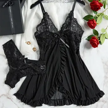 Set di mutandine a triangolo taglie forti in 2 pezzi Abito da notte da donna Sensuale Lingerie femminile Curva Camicia da notte Slip intimi trasparenti