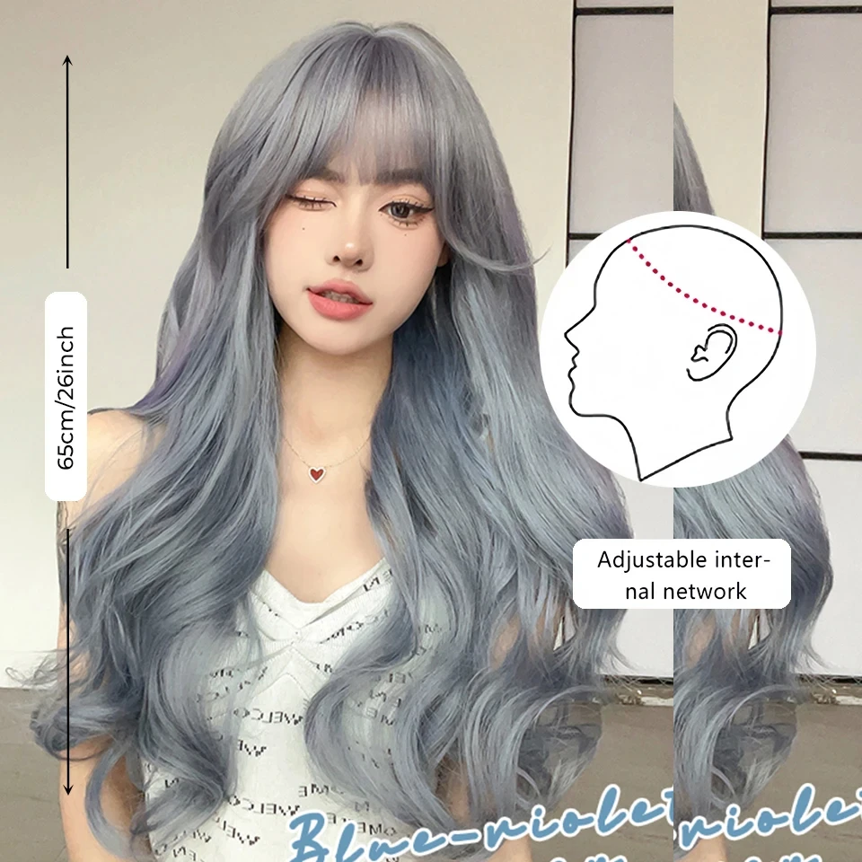 Blue Grey Synthetic Wigs for Women with Bangs