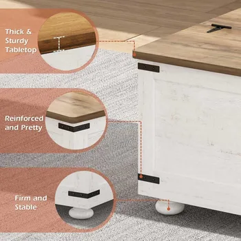 White Farmhouse Coffee Table with Storage, Square Lift Top Coffee Table with Hydraulic and Wood Gourd Feet for Living Room, Whit 3