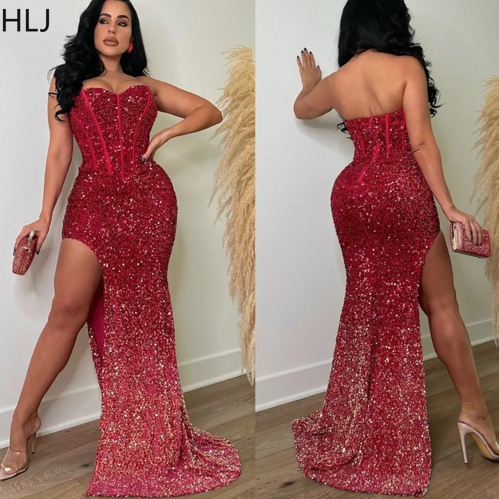 

HLJ Fashion Sequin Corset Evening Party Dresses Women Off Shoulder Sleeveless Backless Vestidos Sexy Female Slit Slim Clothing