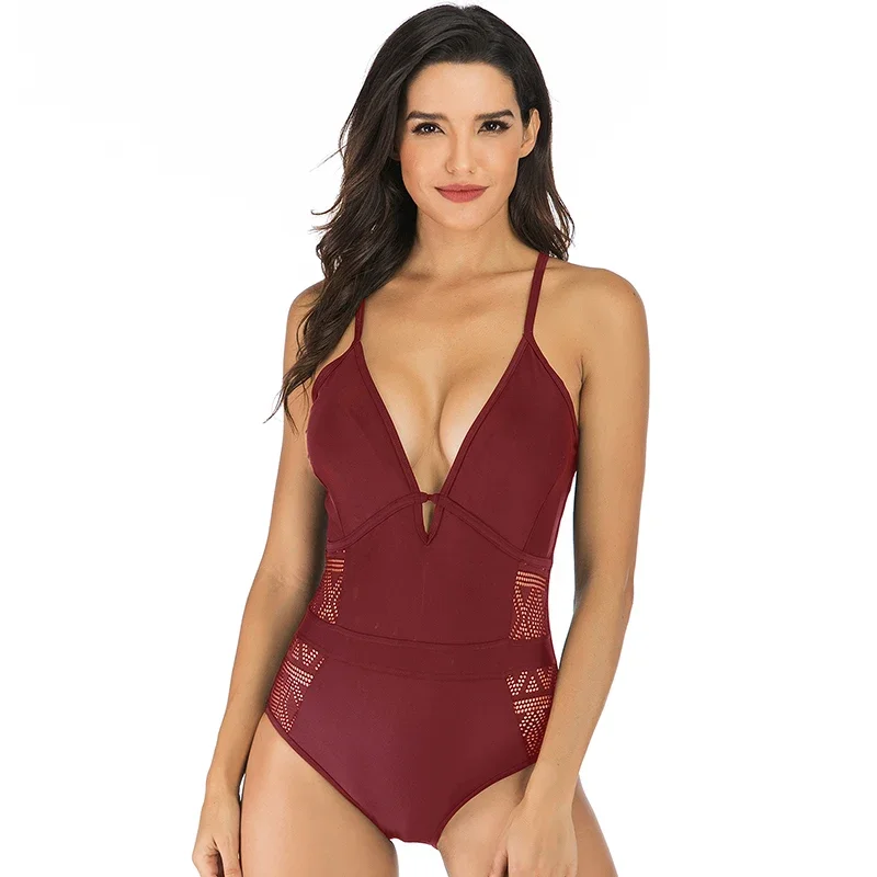 

LUKITAS Women Sexy V-neck One Piece Swimsuit Mesh Bathing Suits Vintage Swimwear Summer Beach Wear Swim Suit Plus Size S-XXL