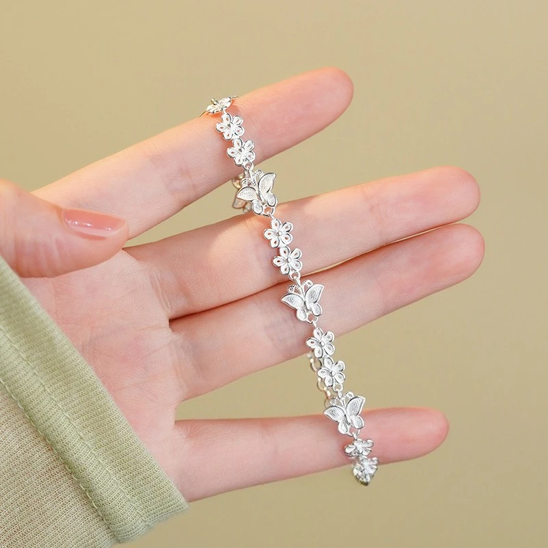 Butterfly Flower Silver Bracelets for Women Fashion Korean Designer Frosted Bead Bracelet Beautiful Party Wedding Jewelry Gift