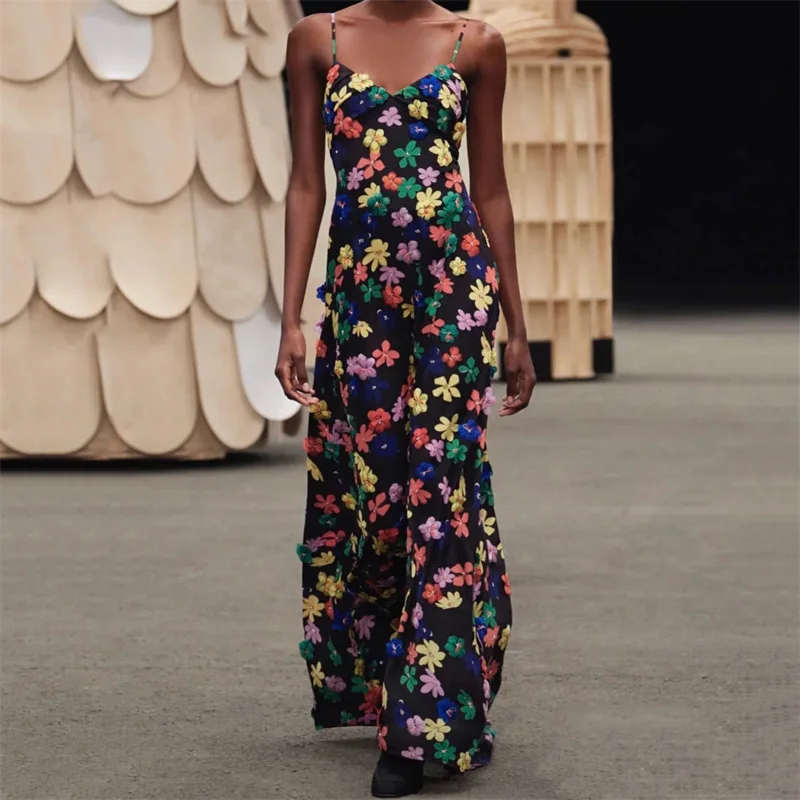 

elegant women dresses 2024 Summer New in Flower print beaded suspender dress Leisure versatile backless Long dresses Party dress