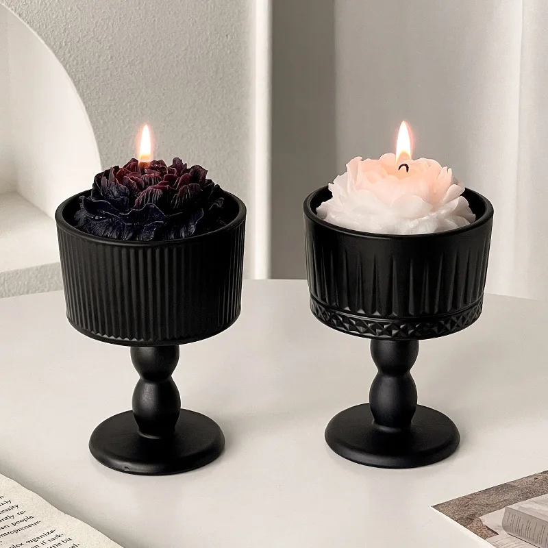 Elegant French Retro Black Frosted Glass Candle Holder - High-End Aromatherapy Decorative Ornament